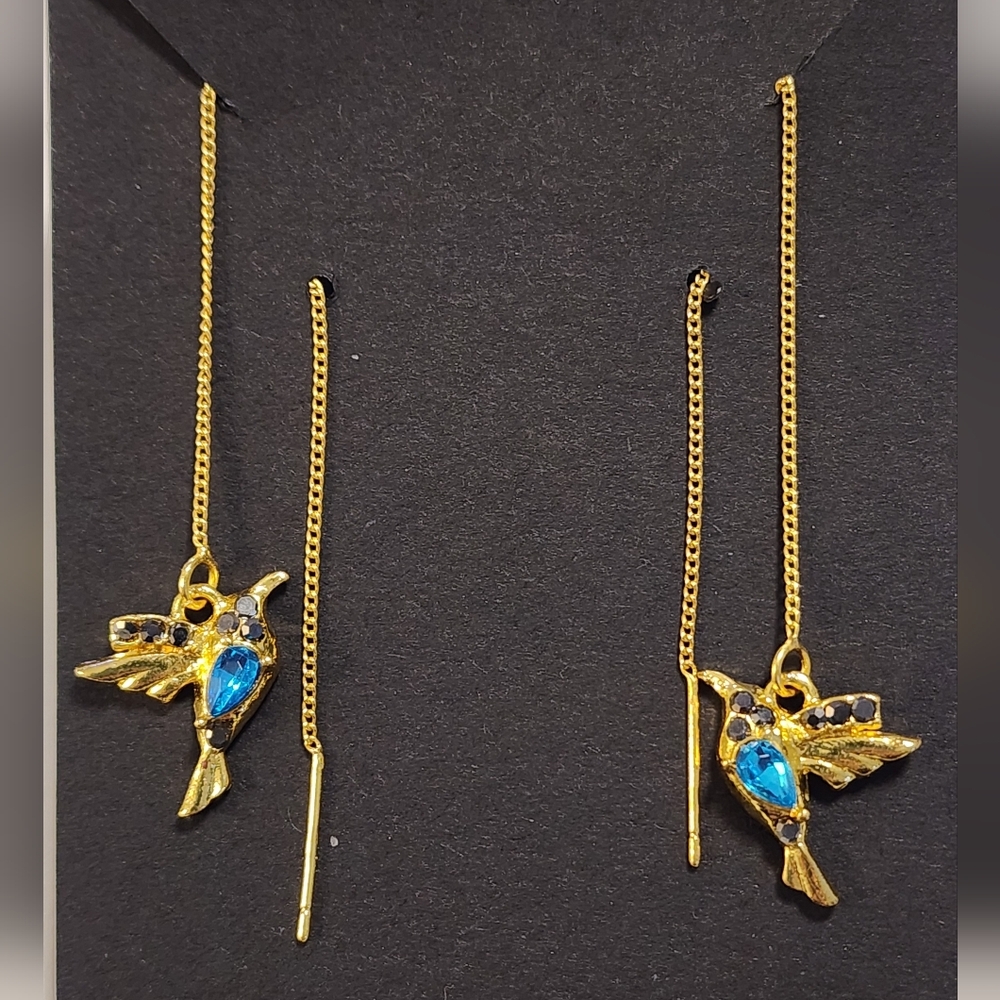 Elegant Gold and Blue Hummingbird Earrings
